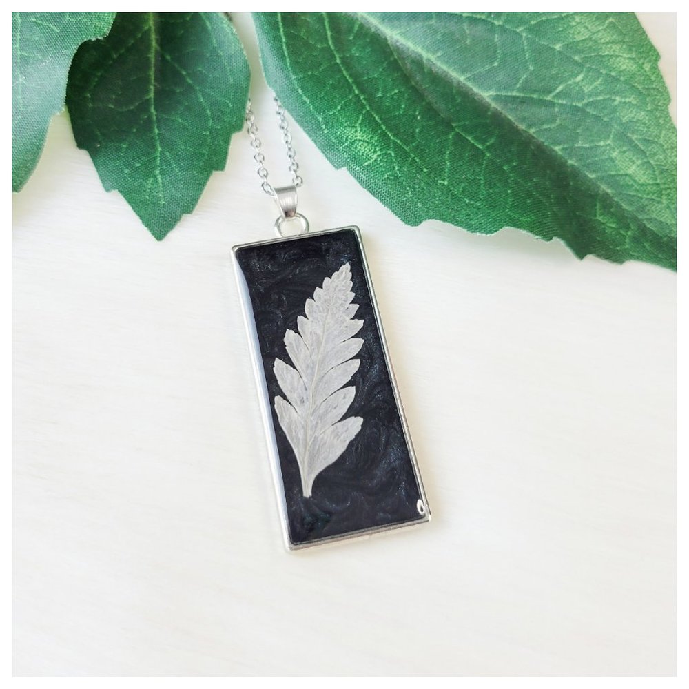 Handnmade Pendant Necklace Charcoal Black Off White Pressed Dried Leaf Pendant